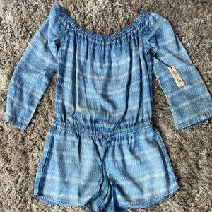 Bella Dahl Blue Chambray Tiki Stripe Off Shoulder Long Sleeve Romper Small NWT